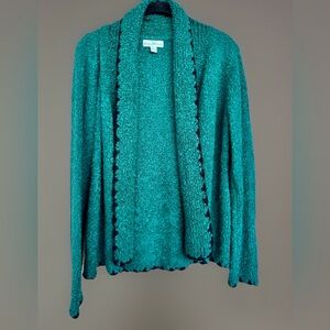 WindiRiver Womens Long Sleeve Knit Open Front Cardigan Green Black Trim Large